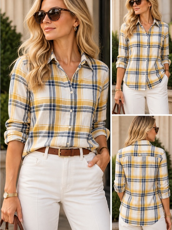 Barbour Tops - Barbour Newton Plaid Button Down Shirt Yellow Navy Preppy Coastal Size 4